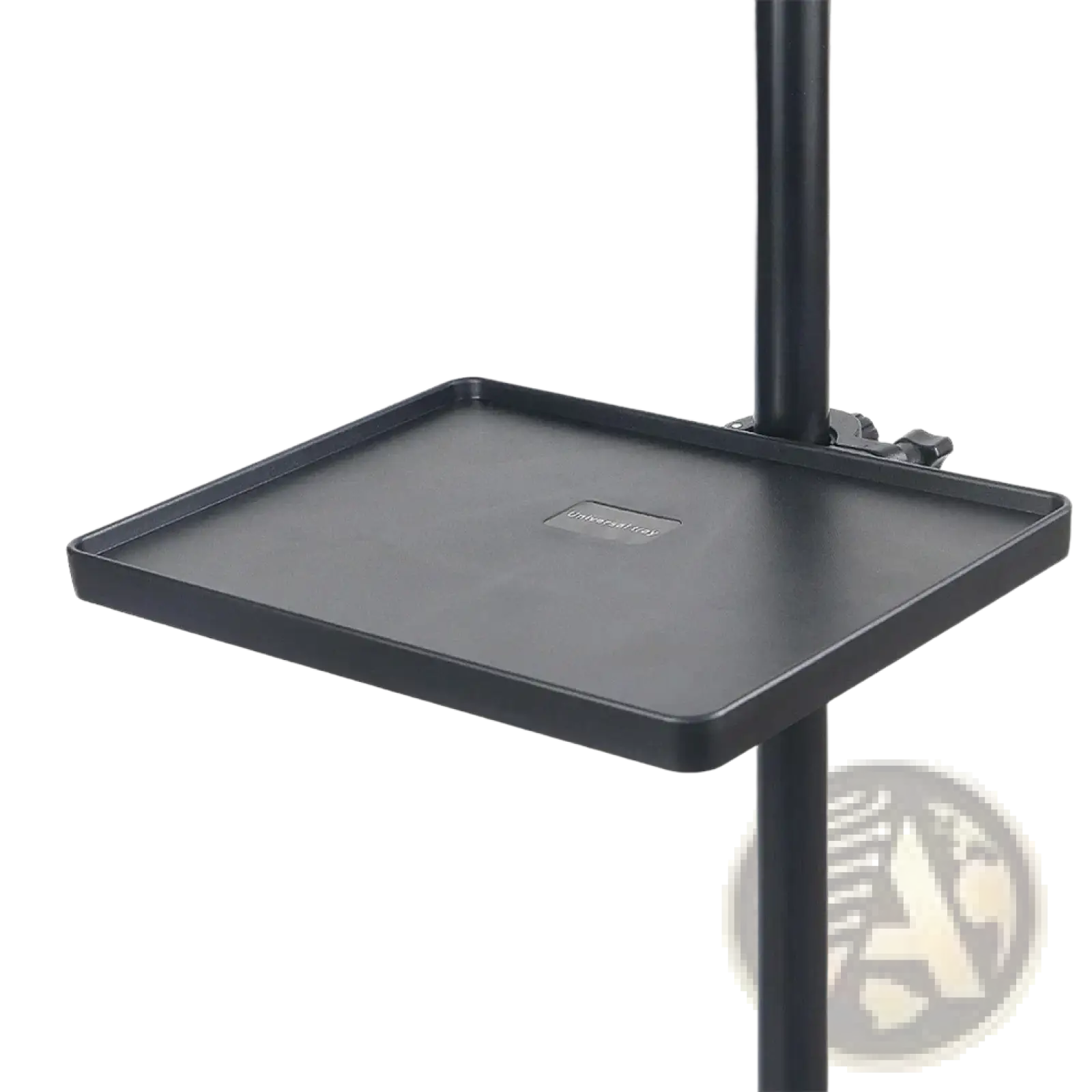 Black rectangular mic stand tray with adjustable clamp and phone holder mounted on pole for accessory organization