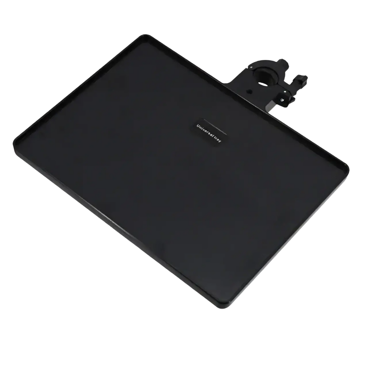 Black rectangular universal mic stand tray with clamp attachment and phone holder for secure device placement