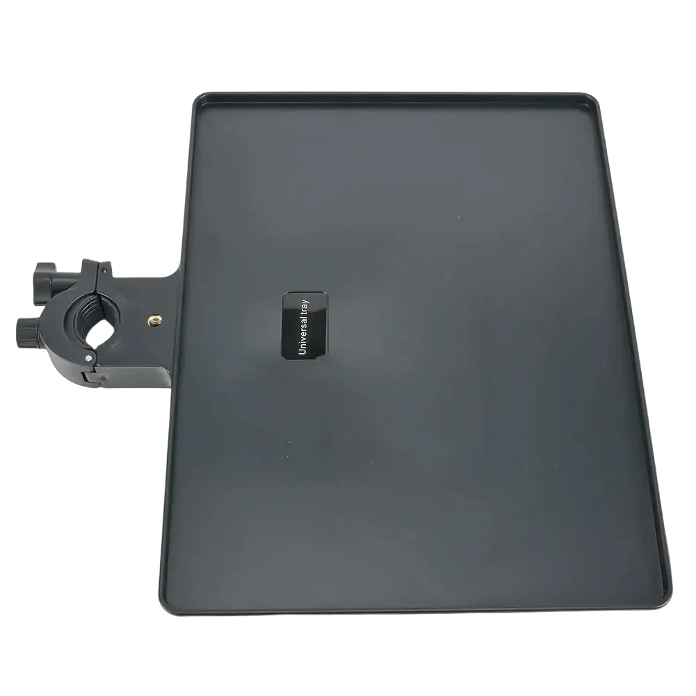 Black universal mic stand tray with clamp attachment and phone holder for secure device placement