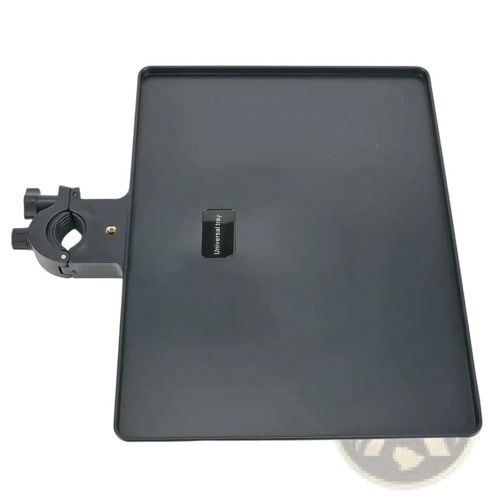 Black universal mic stand tray with clamp attachment and phone holder for secure device placement