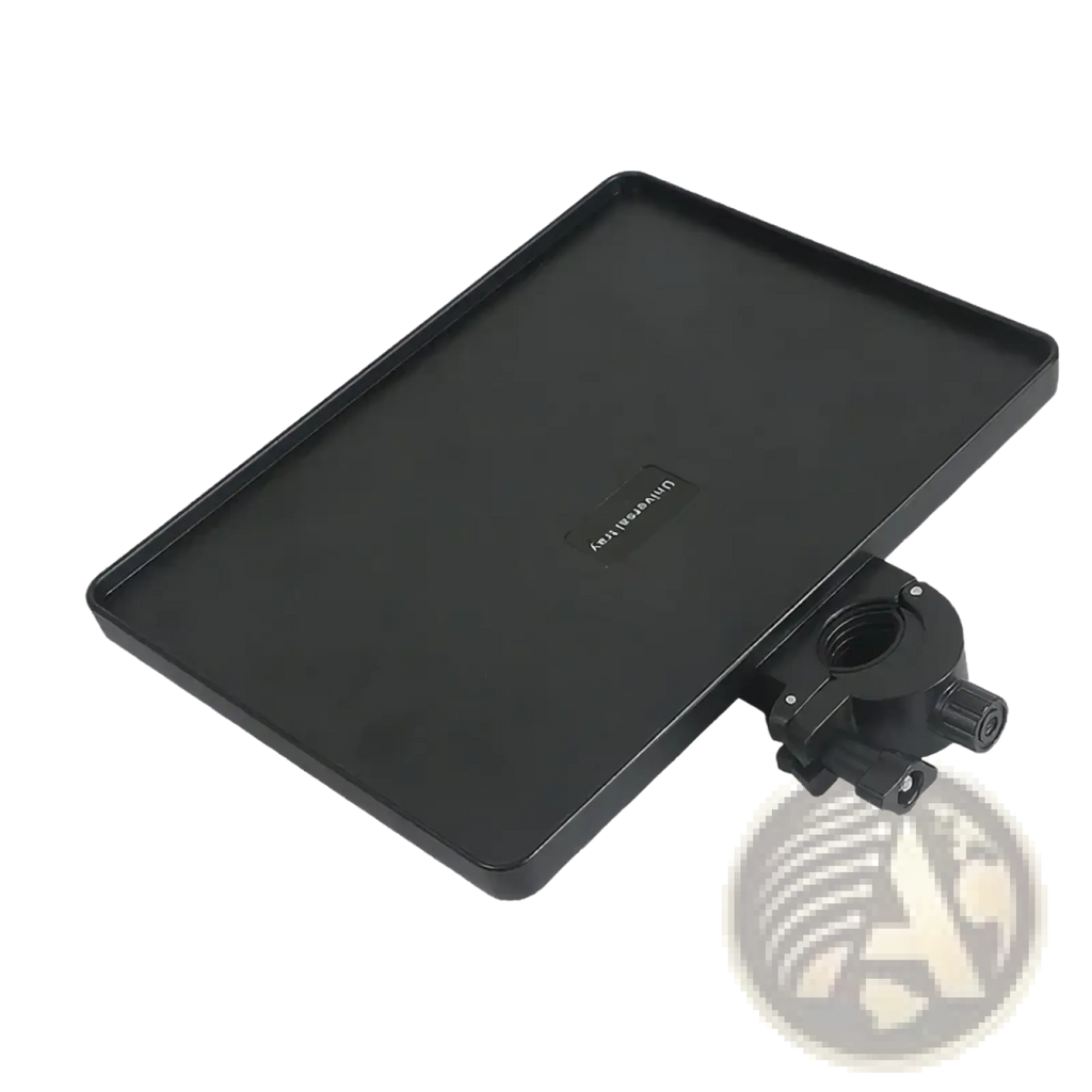 Black rectangular mic stand tray with phone holder and mounting bracket measuring 22cm by 16.5cm