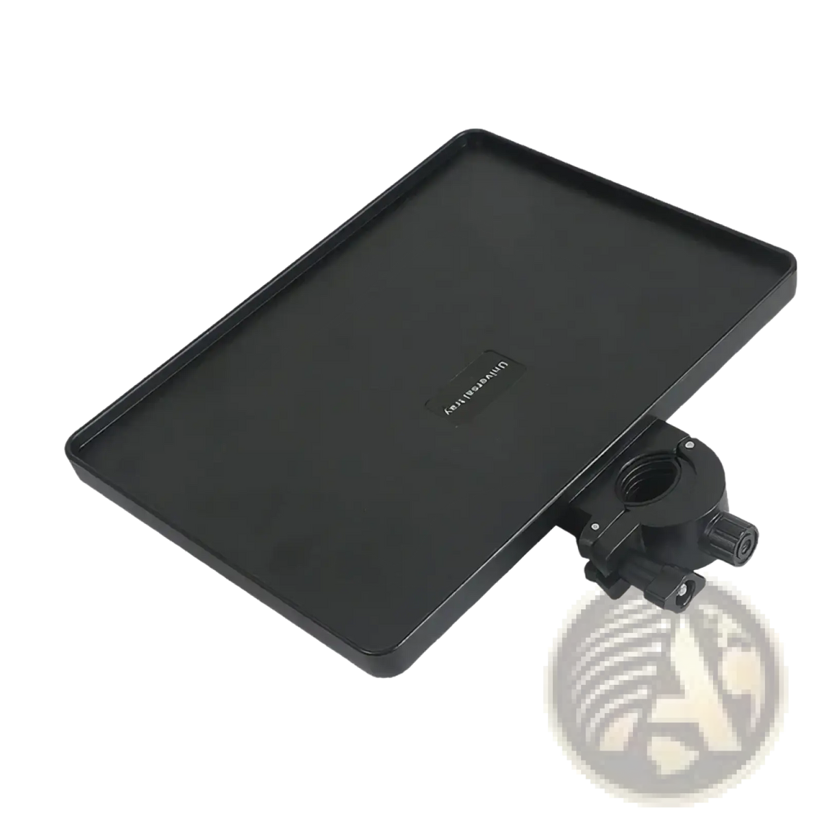 Black rectangular mic stand tray with phone holder and mounting bracket measuring 22cm by 16.5cm