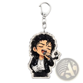 Clear acrylic michael jackson chibi keychain featuring a black sequined jacket design and microphone detail