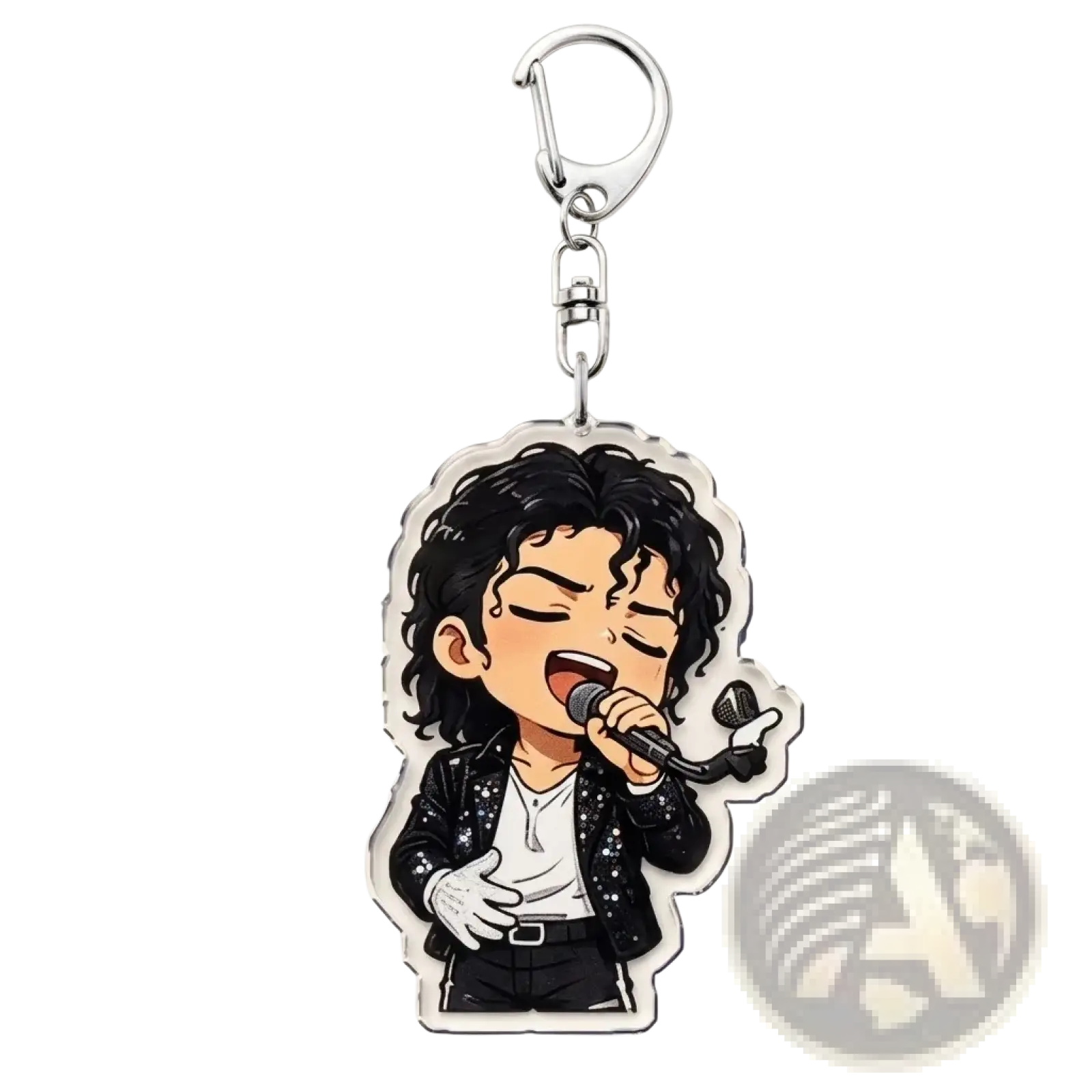 Clear acrylic michael jackson chibi keychain featuring a black sequined jacket design and microphone detail