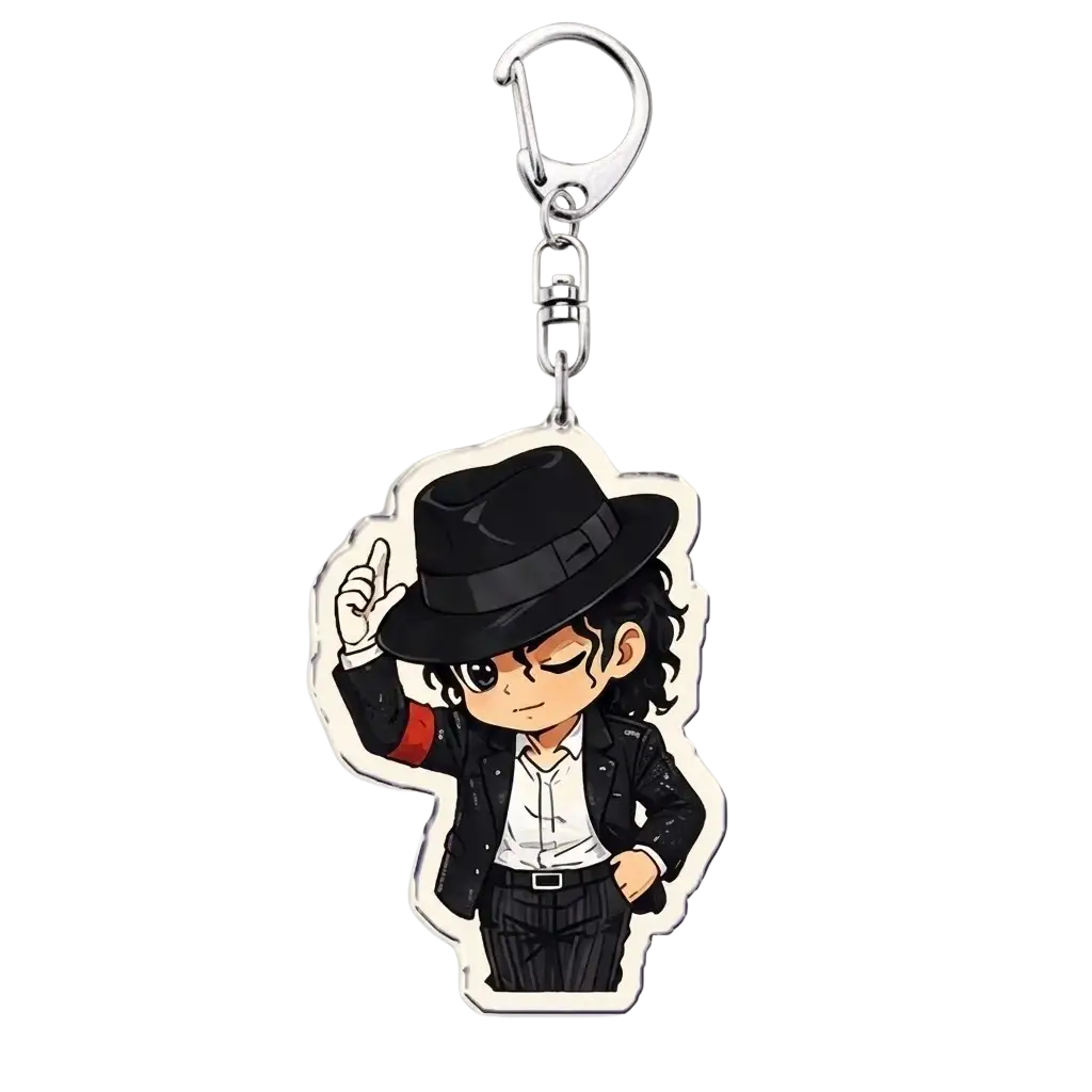 Chic black fedora-wearing michael jackson chibi acrylic keychain with glossy finish and silver metal clasp