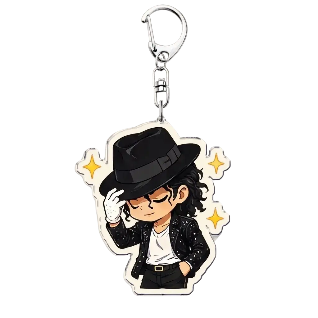 Michael Jackson chibi acrylic keychain featuring a chic black fedora with sparkling details and gold star accents
