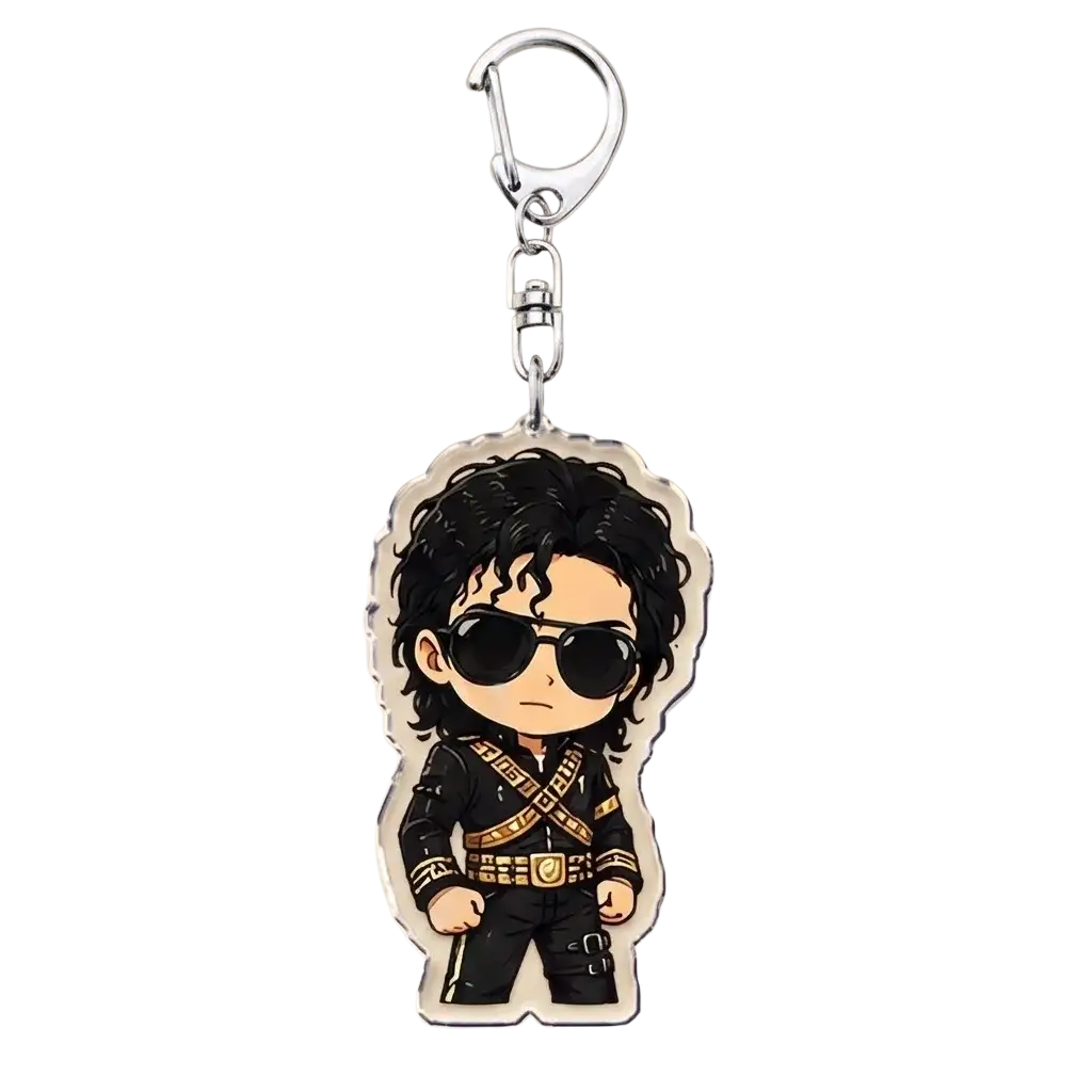 Michael Jackson chibi acrylic keychain in black and gold with curly hair, sunglasses, and silver carabiner clip