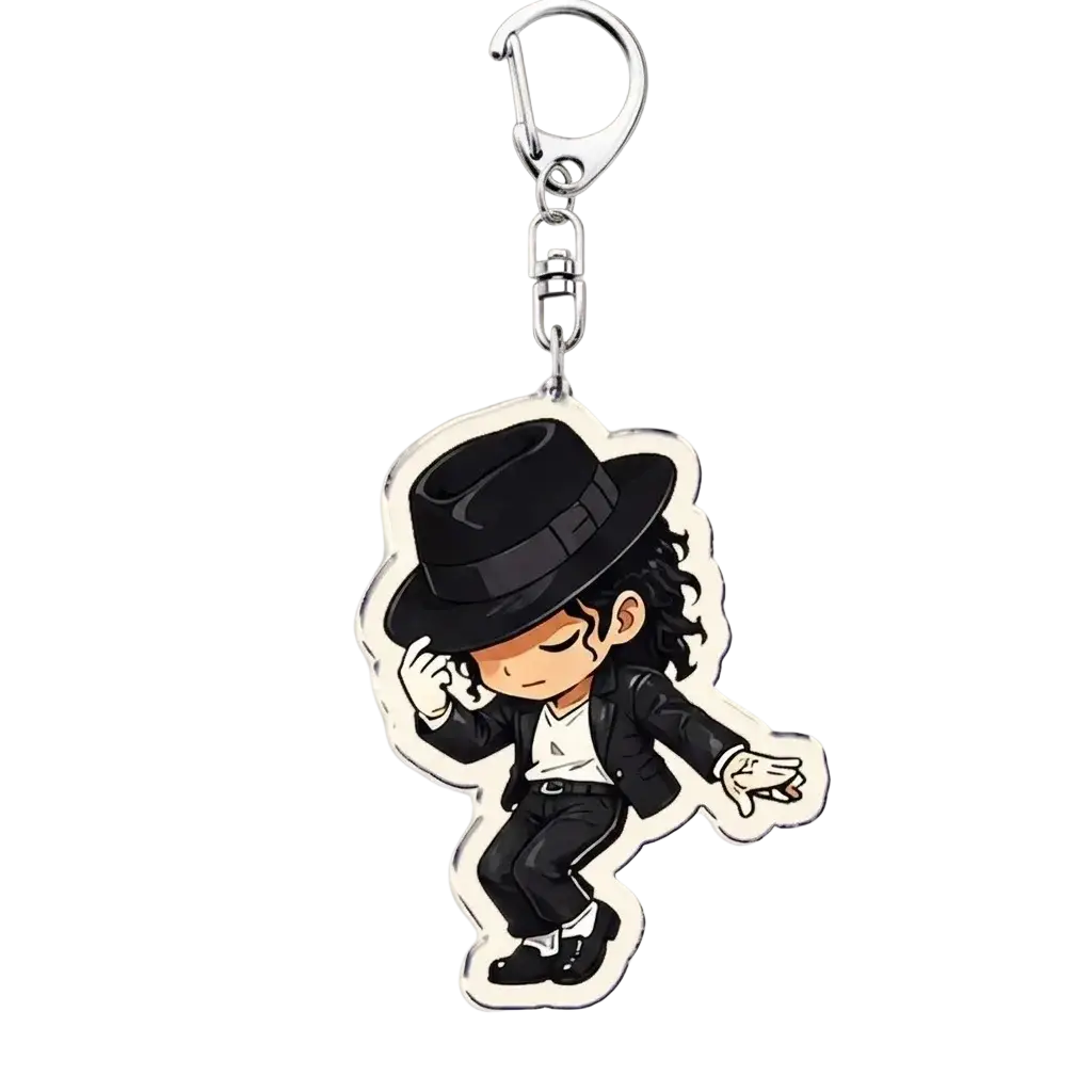 Chic black-and-white acrylic keychain featuring cartoon michael jackson in iconic fedora and suit pose