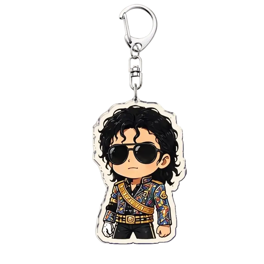 Michael jackson chibi acrylic keychain featuring a colorful patterned jacket black sunglasses and gold belt design