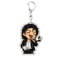 Clear acrylic michael jackson chibi keychain featuring a black sequined jacket design and microphone detail