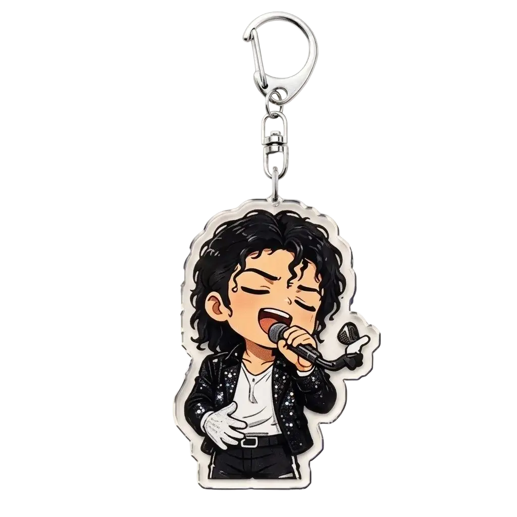 Clear acrylic michael jackson chibi keychain featuring a black sequined jacket design and microphone detail