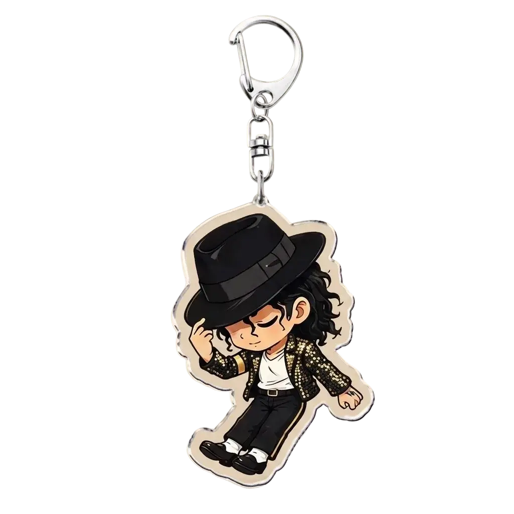 Clear acrylic Michael Jackson chibi keychain featuring black fedora sequined jacket and white socks design