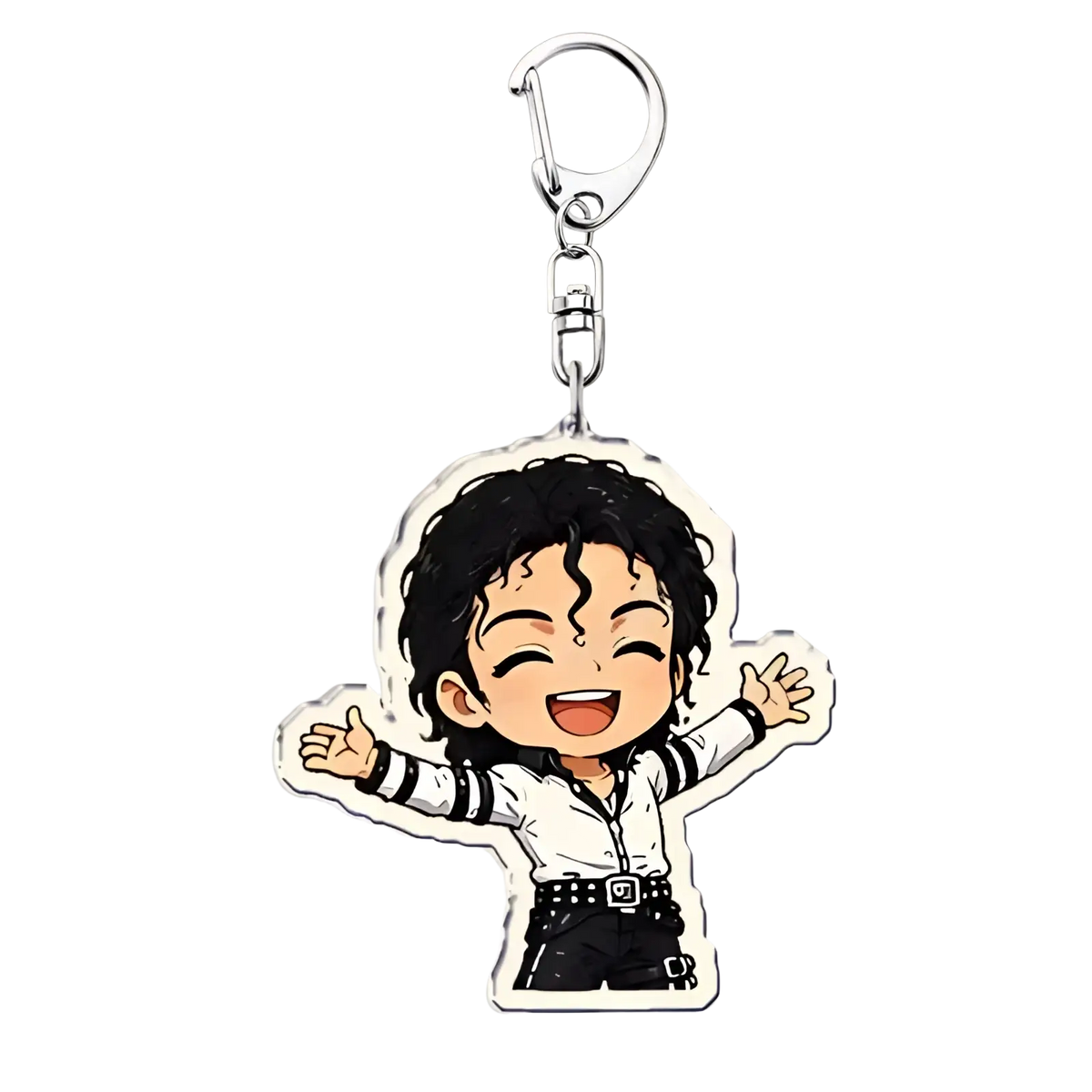 Chibi-style michael jackson acrylic keychain with smiling figure in white shirt black pants and silver carabiner clip