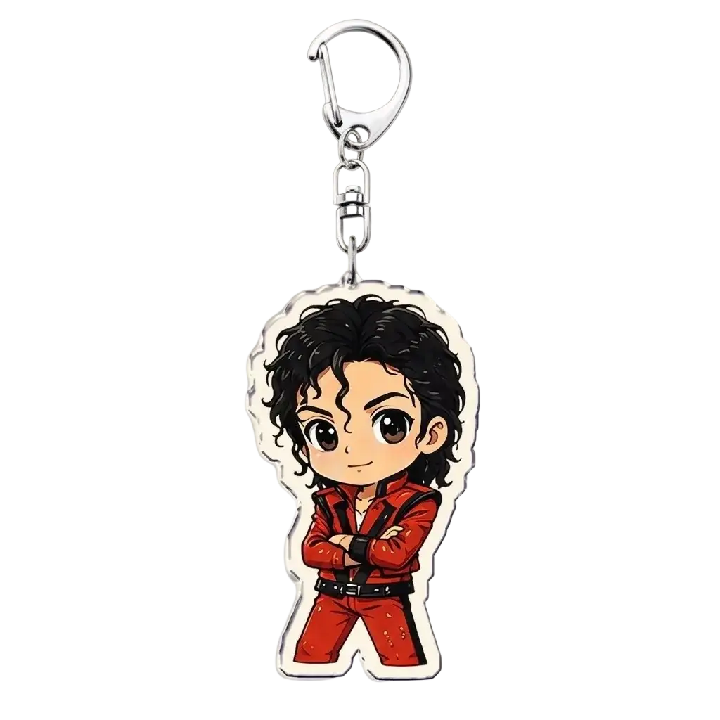 Michael Jackson chibi acrylic keychain featuring cartoon michael jackson in red jumpsuit with black belt and cuffs