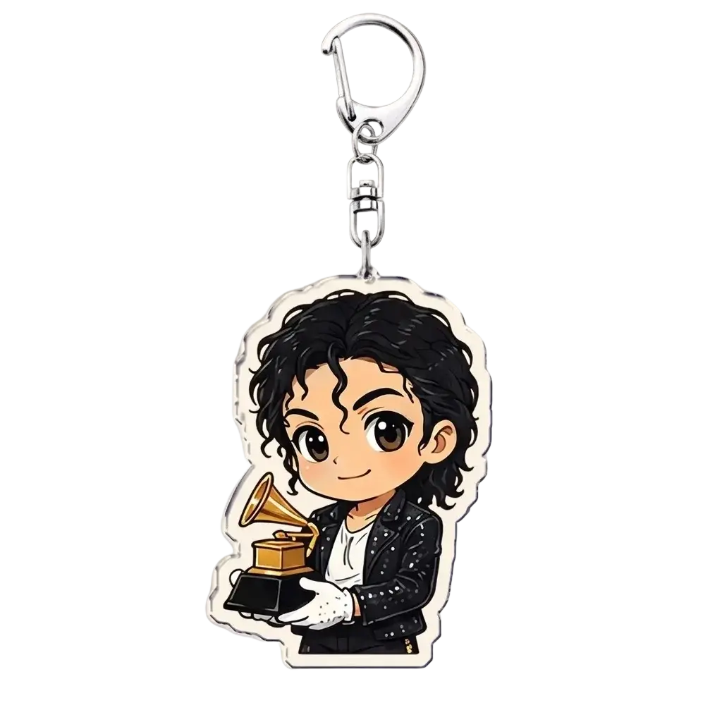 Michael Jackson chibi acrylic keychain featuring black studded jacket and golden grammy award design