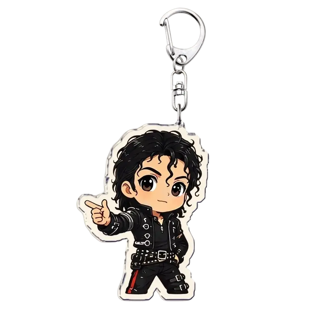 Michael jackson chibi acrylic keychain featuring cartoon black leather jacket with red stripes and silver hardware