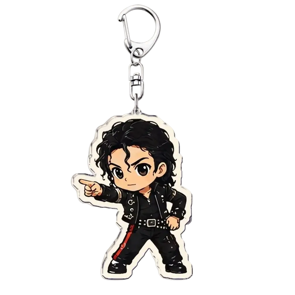 Michael Jackson chibi acrylic keychain with black and red outfit, clear acrylic body, and silver metal clip