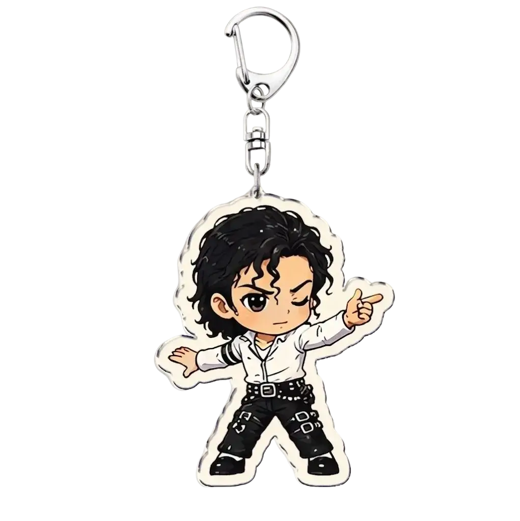 Michael jackson chibi acrylic keychain featuring white shirt black pants with silver buckles attached to metal carabiner
