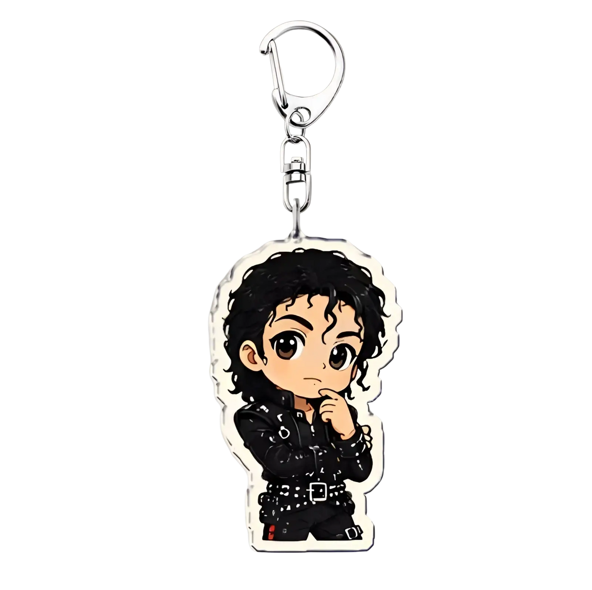 Michael jackson chibi acrylic keychain featuring cartoon in black leather outfit with silver studs and belt buckle