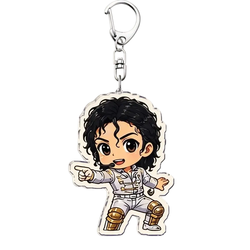 Chibi-style michael jackson acrylic keychain in white outfit with gold knee pads attached to a silver metal clip