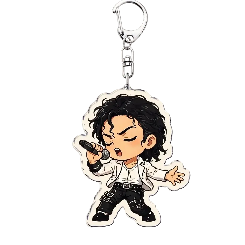 Michael Jackson chibi acrylic keychain featuring black curly hair and white jacket with silver buckles singing into microphone