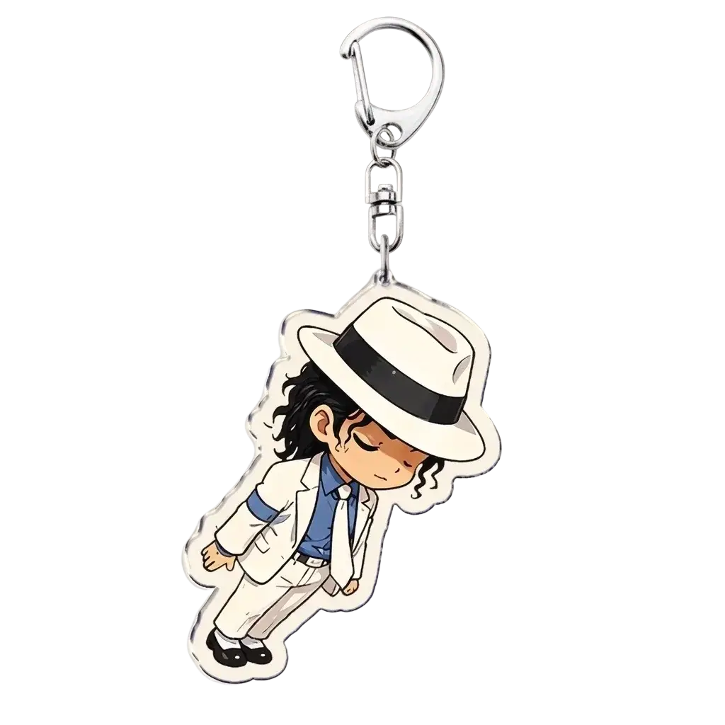 Michael jackson chibi acrylic keychain featuring cartoon in white suit blue shirt and black and white fedora