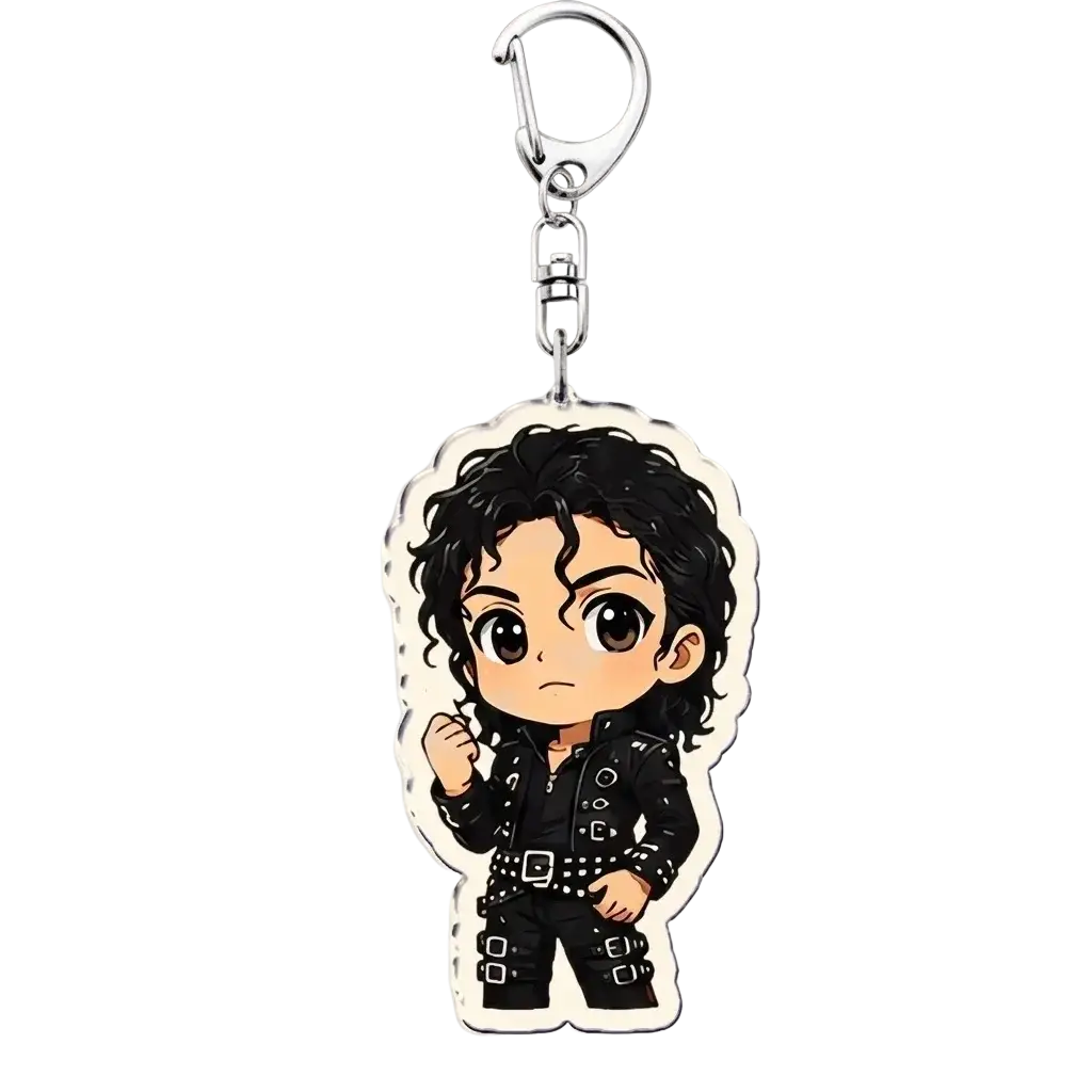 Michael jackson chibi acrylic keychain featuring cartoon black leather outfit with silver buckles and curly hair