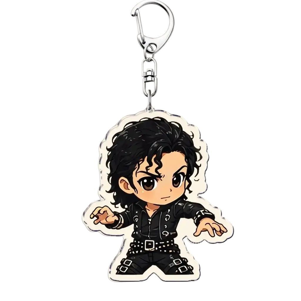 Chibi-style michael jackson acrylic keychain with black leather outfit and silver studs for decorative use