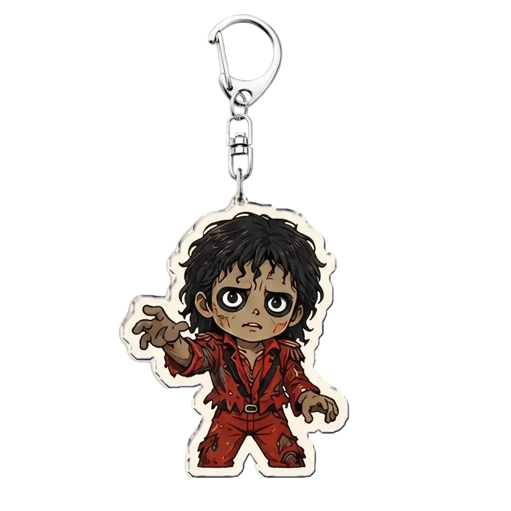 Michael jackson chibi acrylic keychain featuring a zombie-themed character in a red suit with black hair and wide eyes