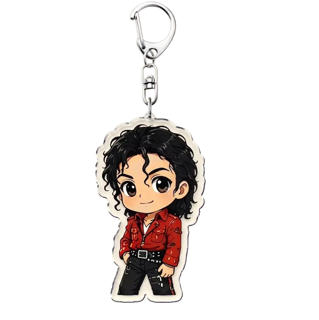 Chibi acrylic keychain featuring michael jackson in iconic red jacket and black pants design for fans and collectors