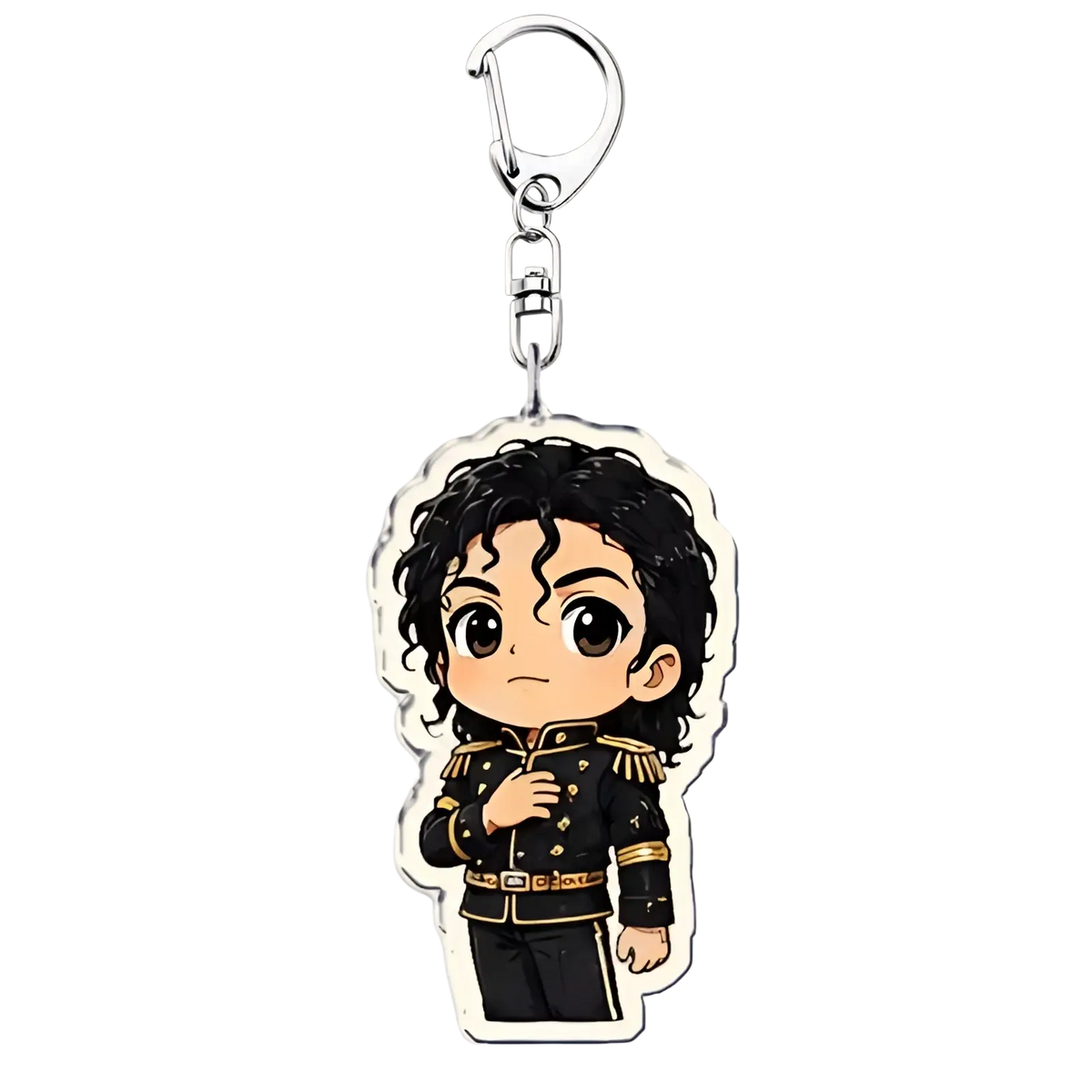 Michael Jackson chibi acrylic keychain with cartoon depiction in black and gold military outfit and curly hair