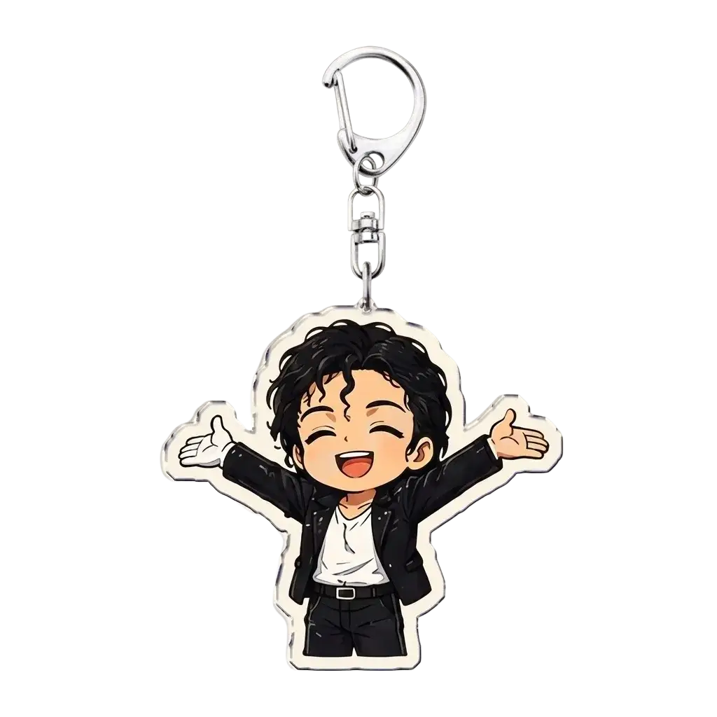 Michael Jackson chibi acrylic keychain featuring a smiling character with black curly hair and black jacket