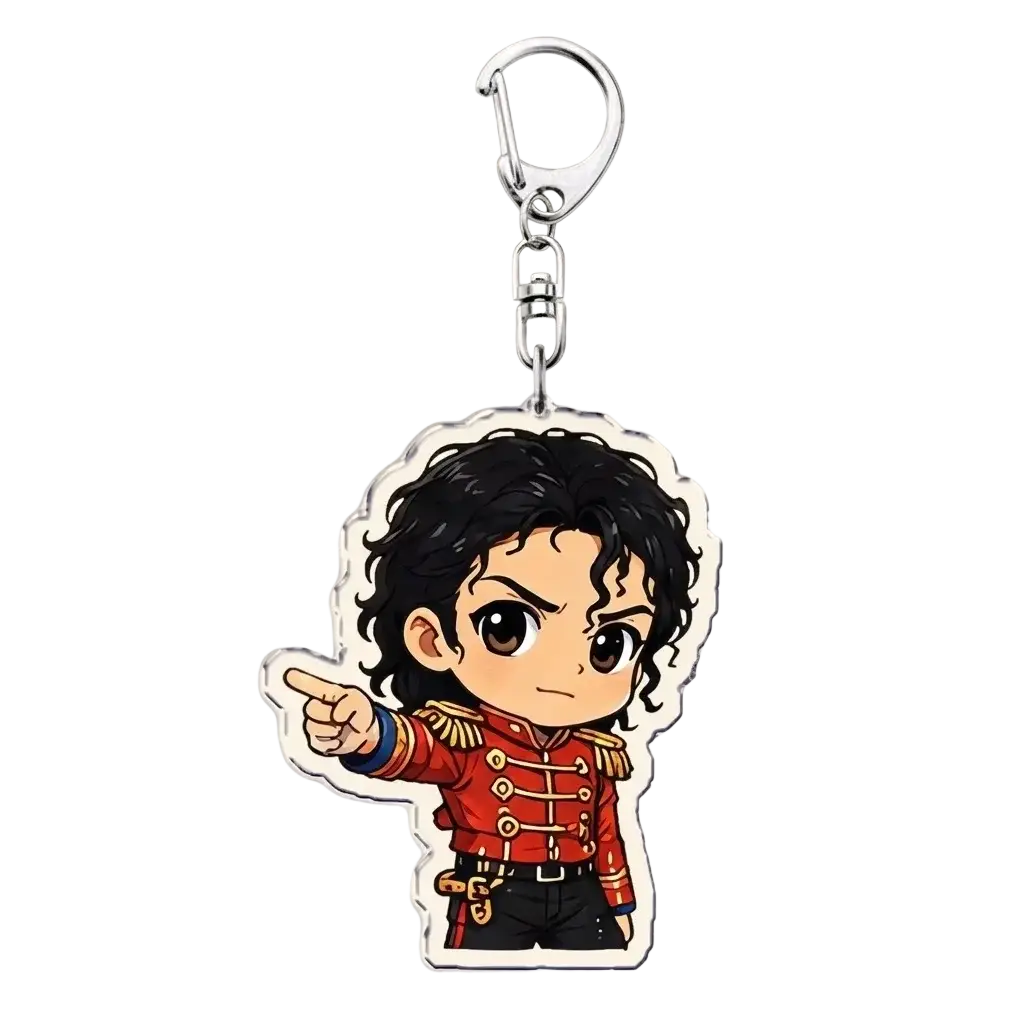 Michael jackson chibi acrylic keychain in red military jacket with gold trim and black pants attached to silver carabiner clip