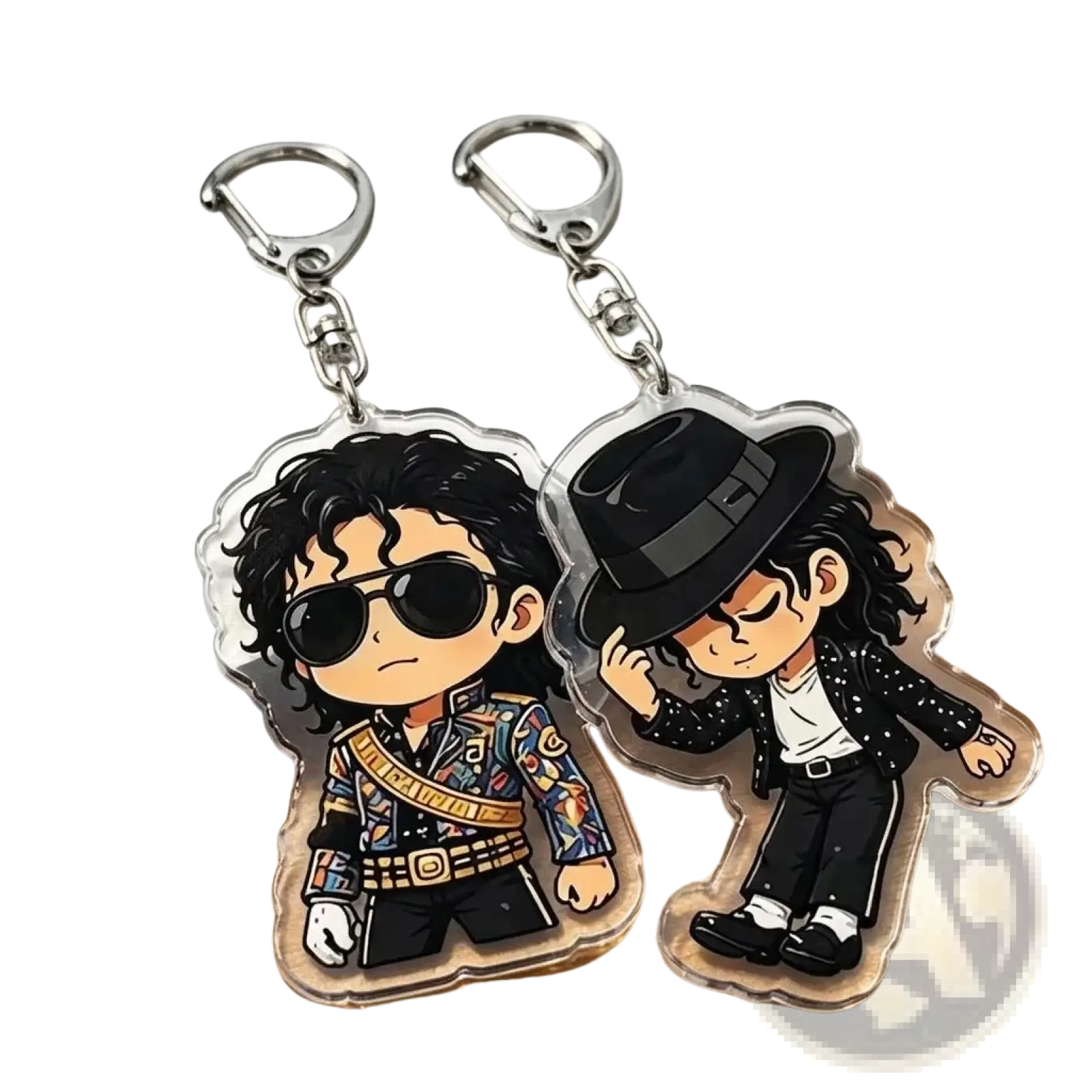 Two clear acrylic michael jackson chibi keychains featuring colorful and black outfit illustrations with iconic accessories