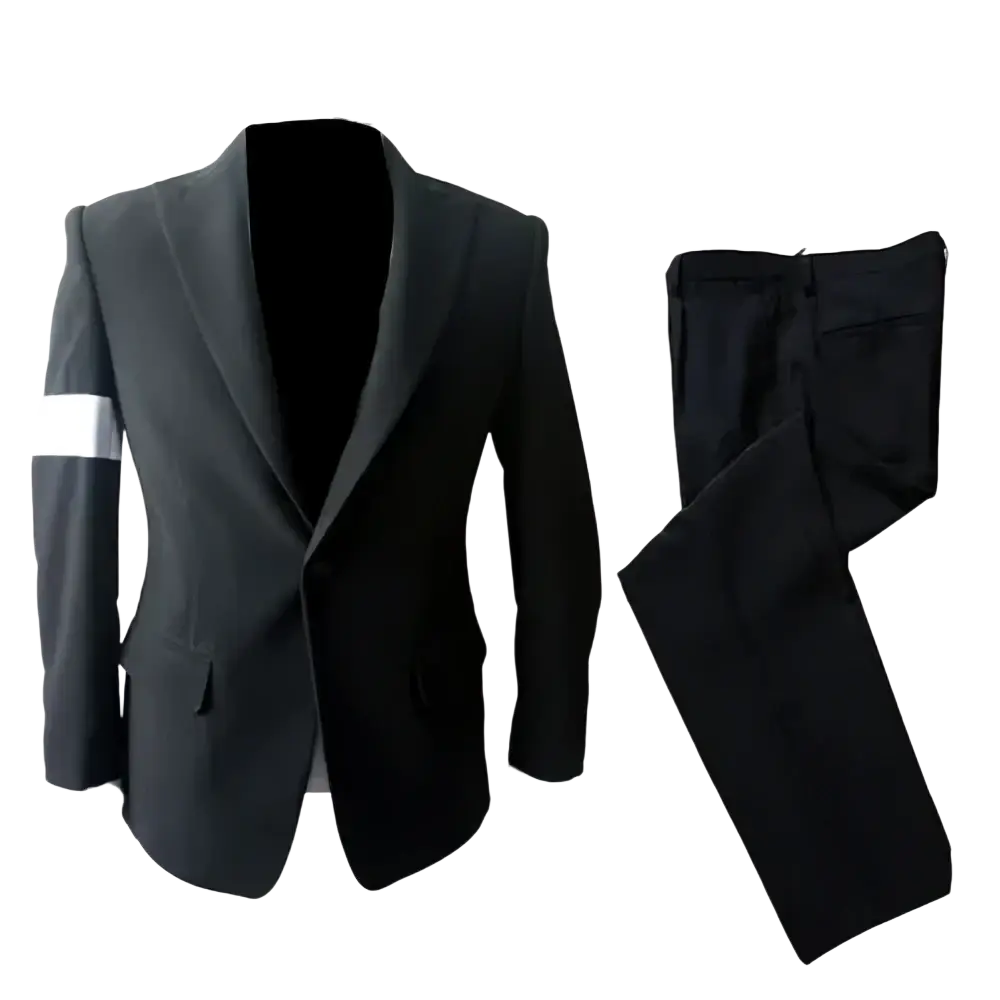 Black suit jacket with white stripe on left sleeve and matching trousers from michael jackson dangerous suit costume