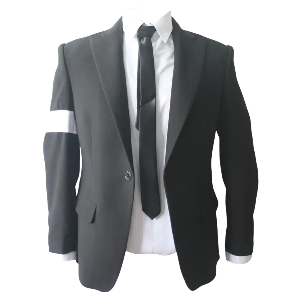 Black suit jacket with white sleeve stripe paired with white shirt and black tie in Michael Jackson Dangerous suit costume