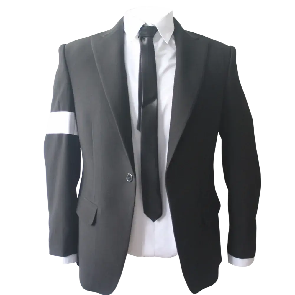 Black suit jacket with white stripe on left sleeve paired with white shirt and black tie michael jackson dangerous costume