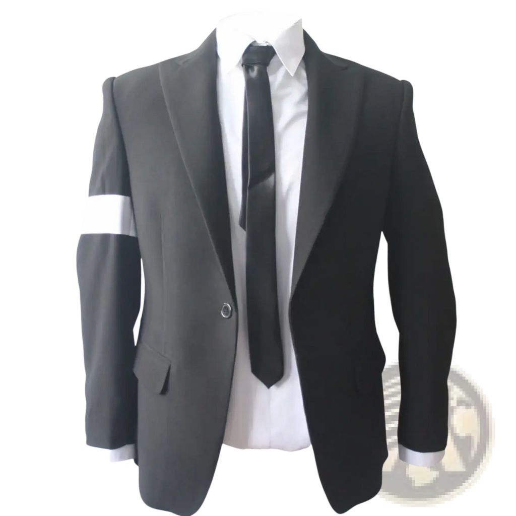 Black suit jacket with white stripe on left sleeve paired with white shirt and black tie michael jackson dangerous costume