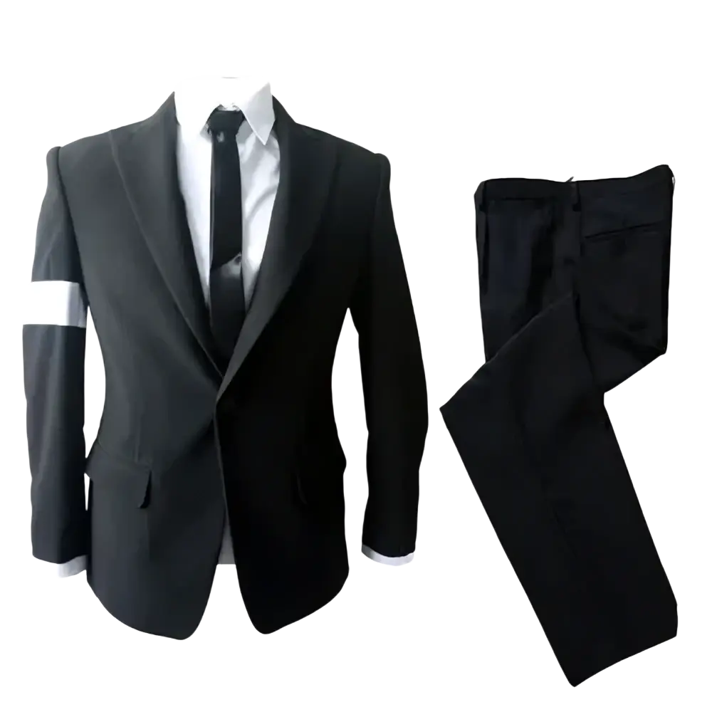 Black michael jackson dangerous suit costume with white stripe on left sleeve and matching black trousers displayed from the back