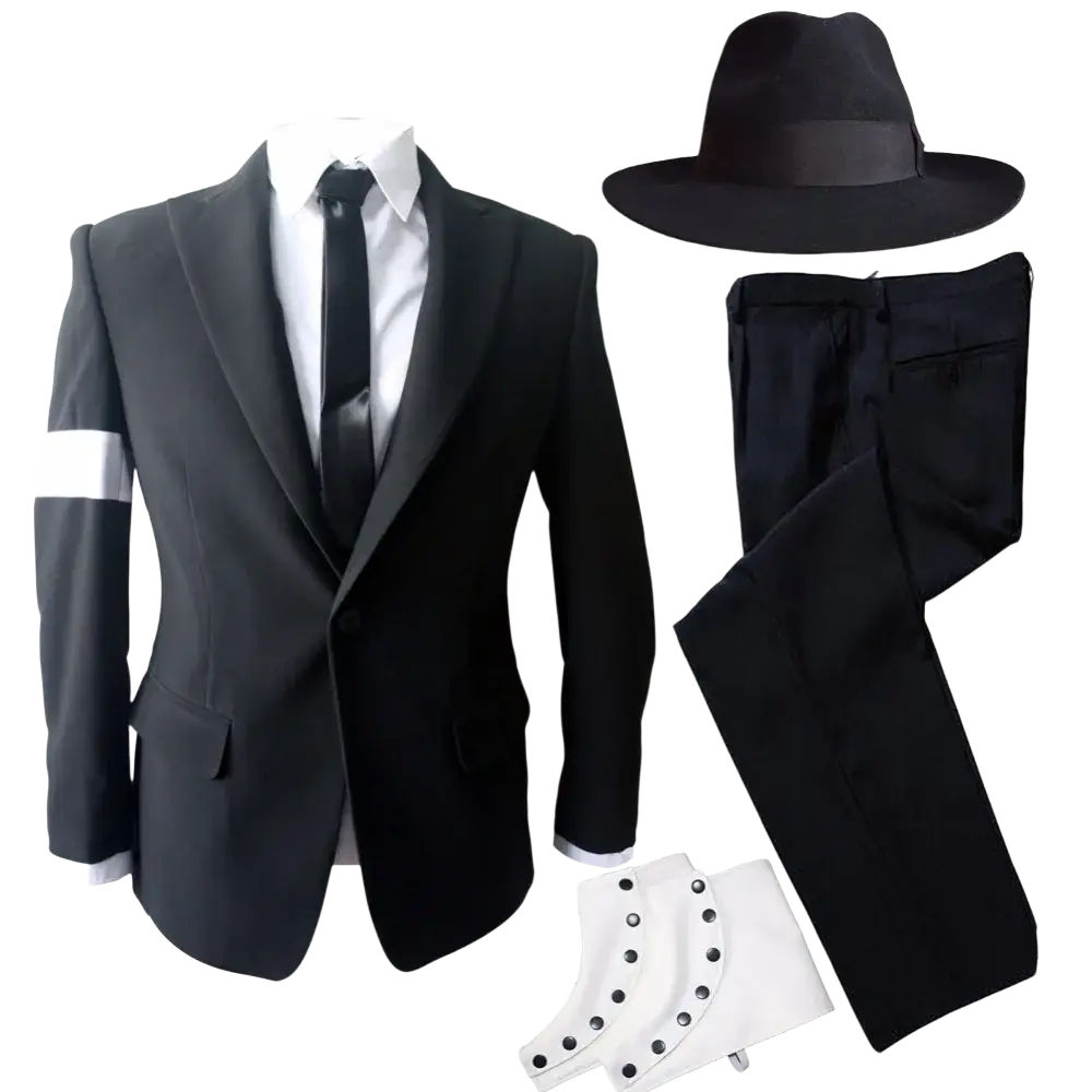 Michael Jackson dangerous suit costume featuring black suit with white sleeve stripe, matching pants, fedora, and white gloves