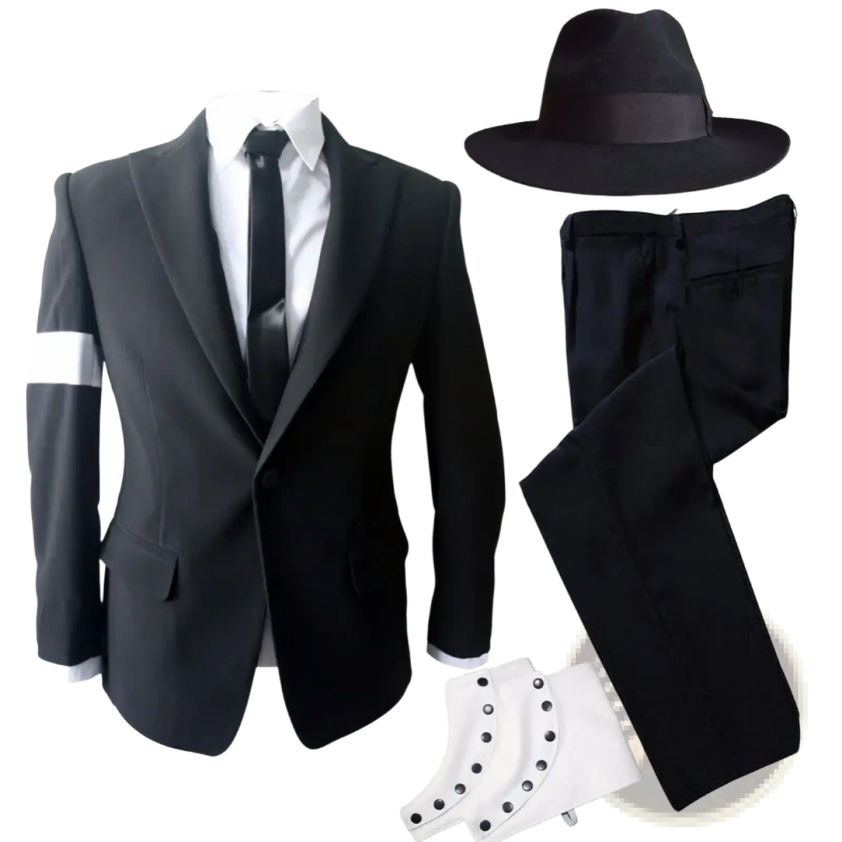 Michael Jackson dangerous suit costume featuring black suit with white sleeve stripe, matching pants, fedora, and white gloves