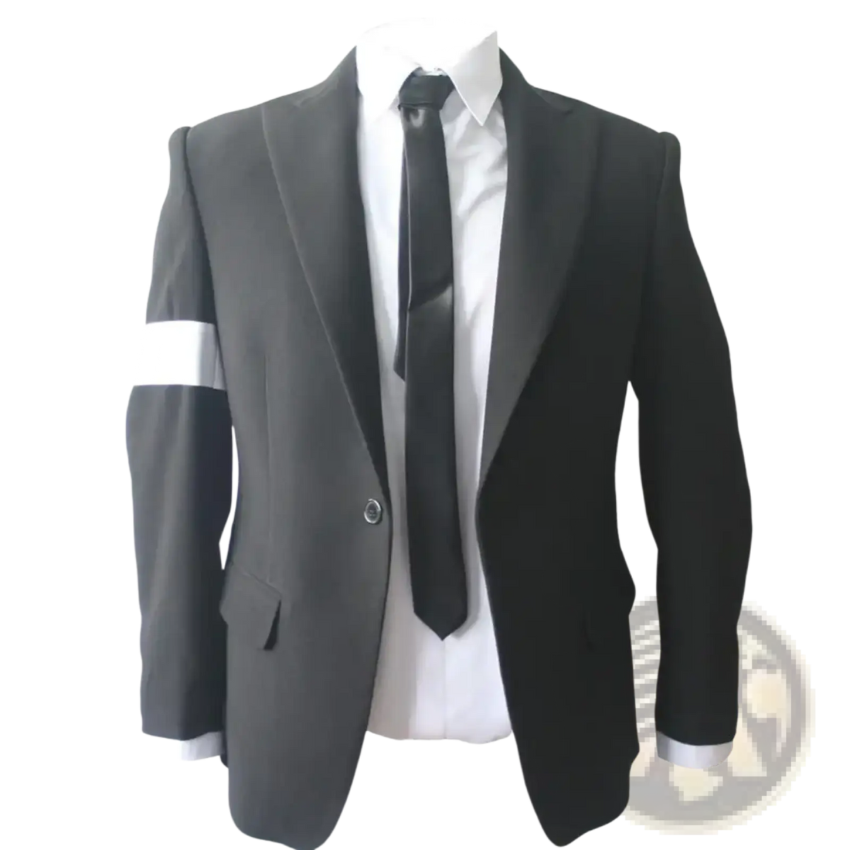 Black suit jacket with white sleeve stripe paired with white shirt and black tie in Michael Jackson Dangerous suit costume