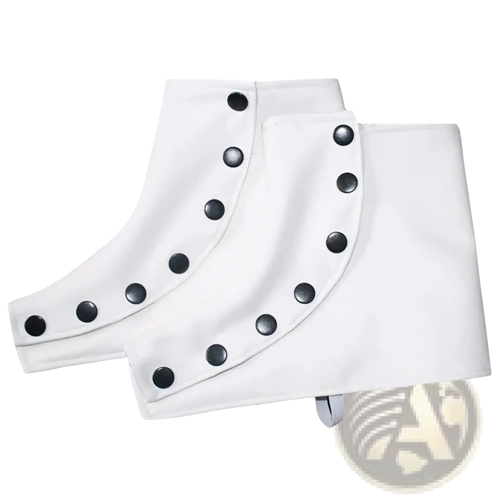 White leather-like leg warmers with black button closures from the Michael Jackson Dangerous Suit costume