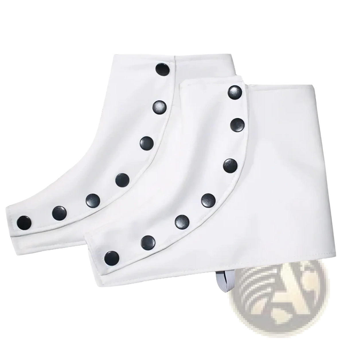 White leather-like leg warmers with black button closures from the Michael Jackson Dangerous Suit costume