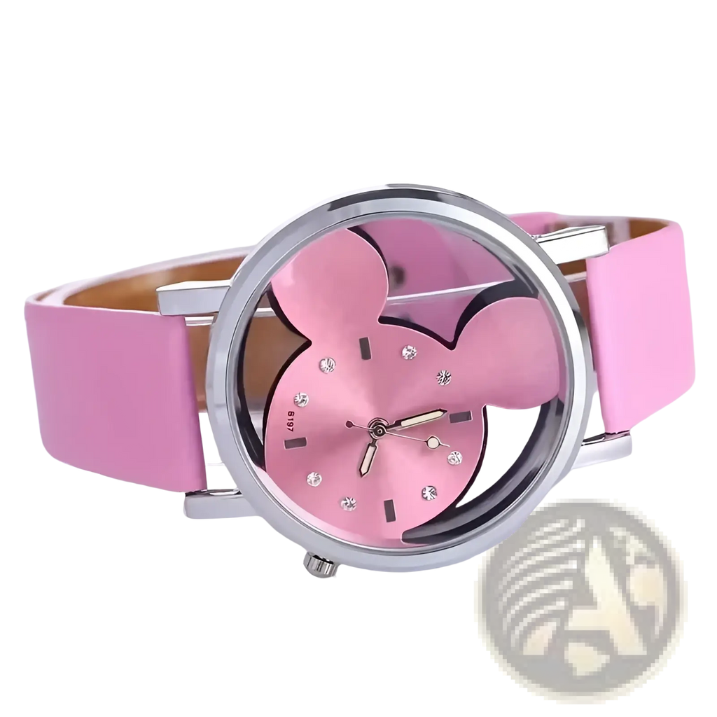 Pink minnie mouse-themed leather kids quartz watch with silver-toned case and sparkling rhinestones on the face