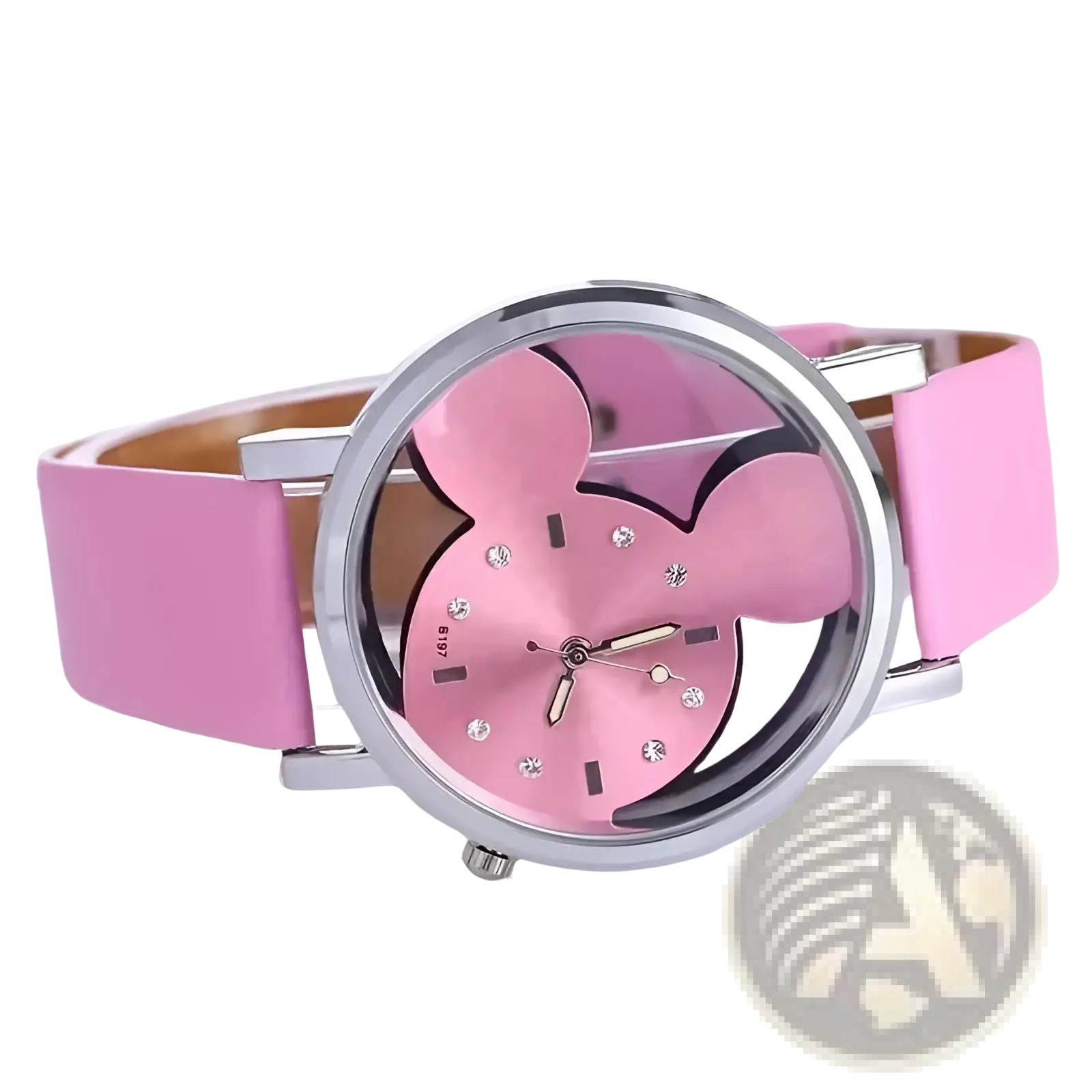 Pink minnie mouse-themed leather kids quartz watch with silver-toned case and sparkling rhinestones on the face