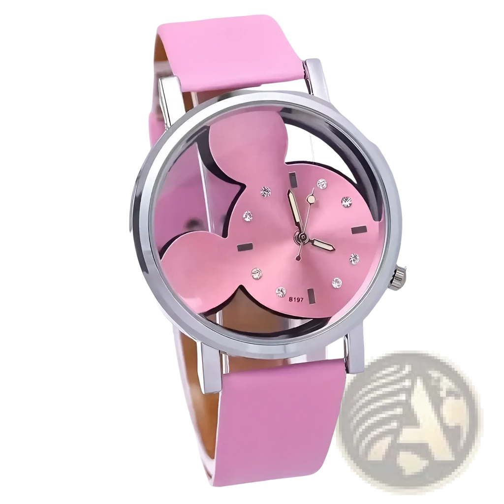 Mickey Mouse leather kids quartz watch with pink leather strap silver-toned case and pink rhinestone minnie mouse dial