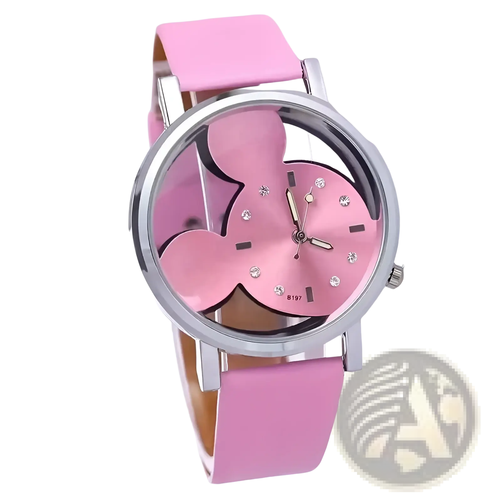 Mickey Mouse leather kids quartz watch with pink leather strap silver-toned case and pink rhinestone minnie mouse dial