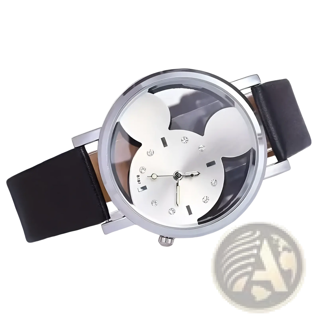 Silver mickey mouse leather kids quartz watch with black strap and crystal accents on the face