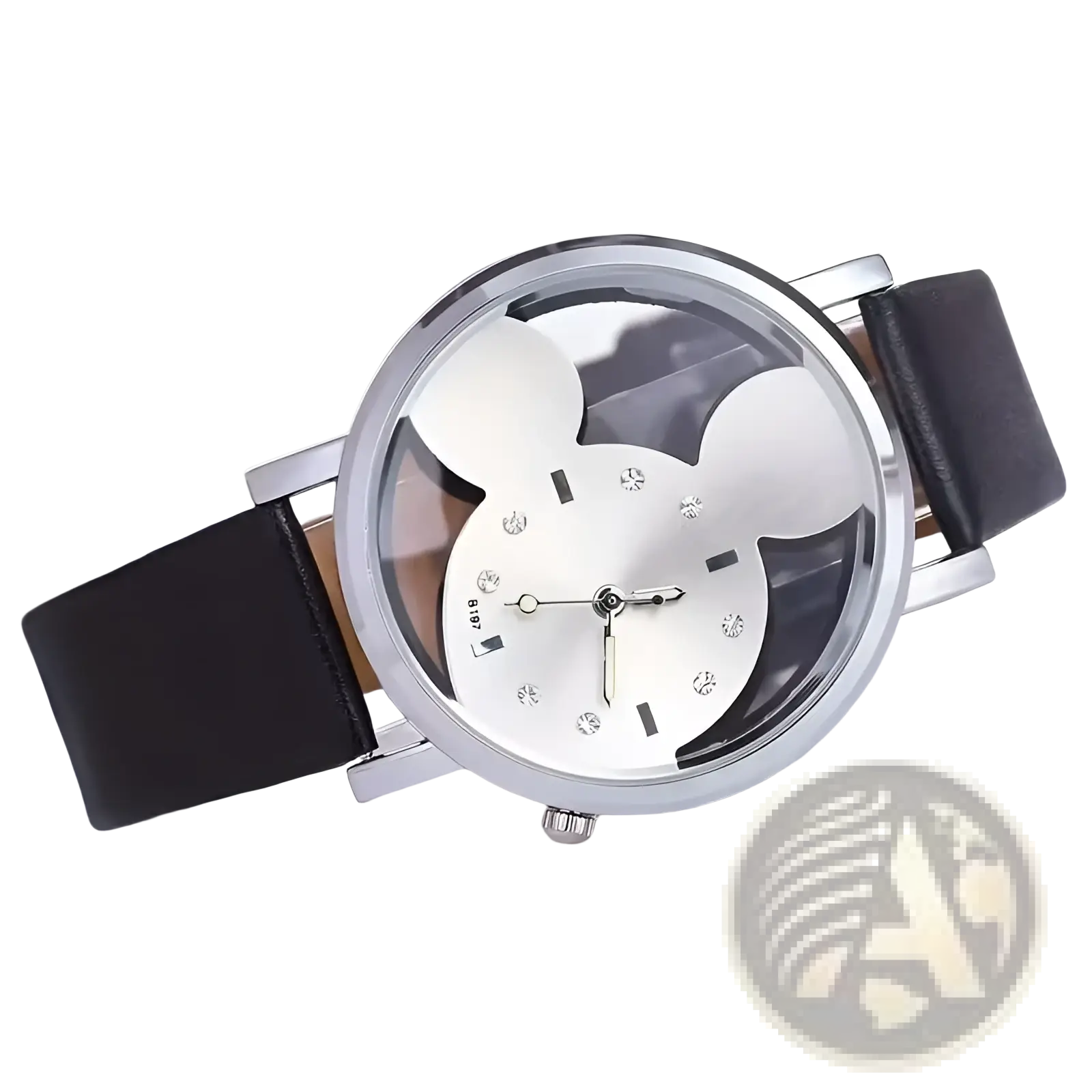 Silver mickey mouse leather kids quartz watch with black strap and crystal accents on the face